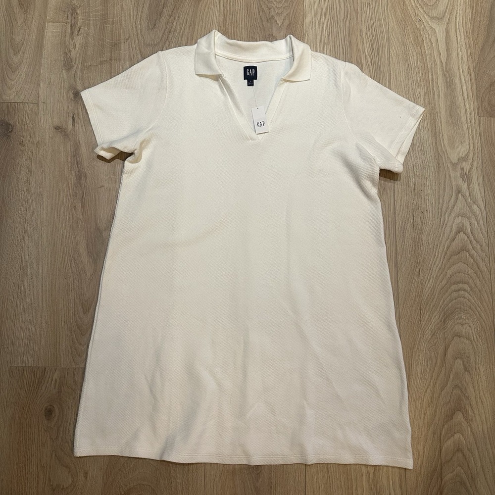 NWT Gap White Polo Dress Womens Sz LP V-Neck Short Sleeve Knit Mini Shift Dress